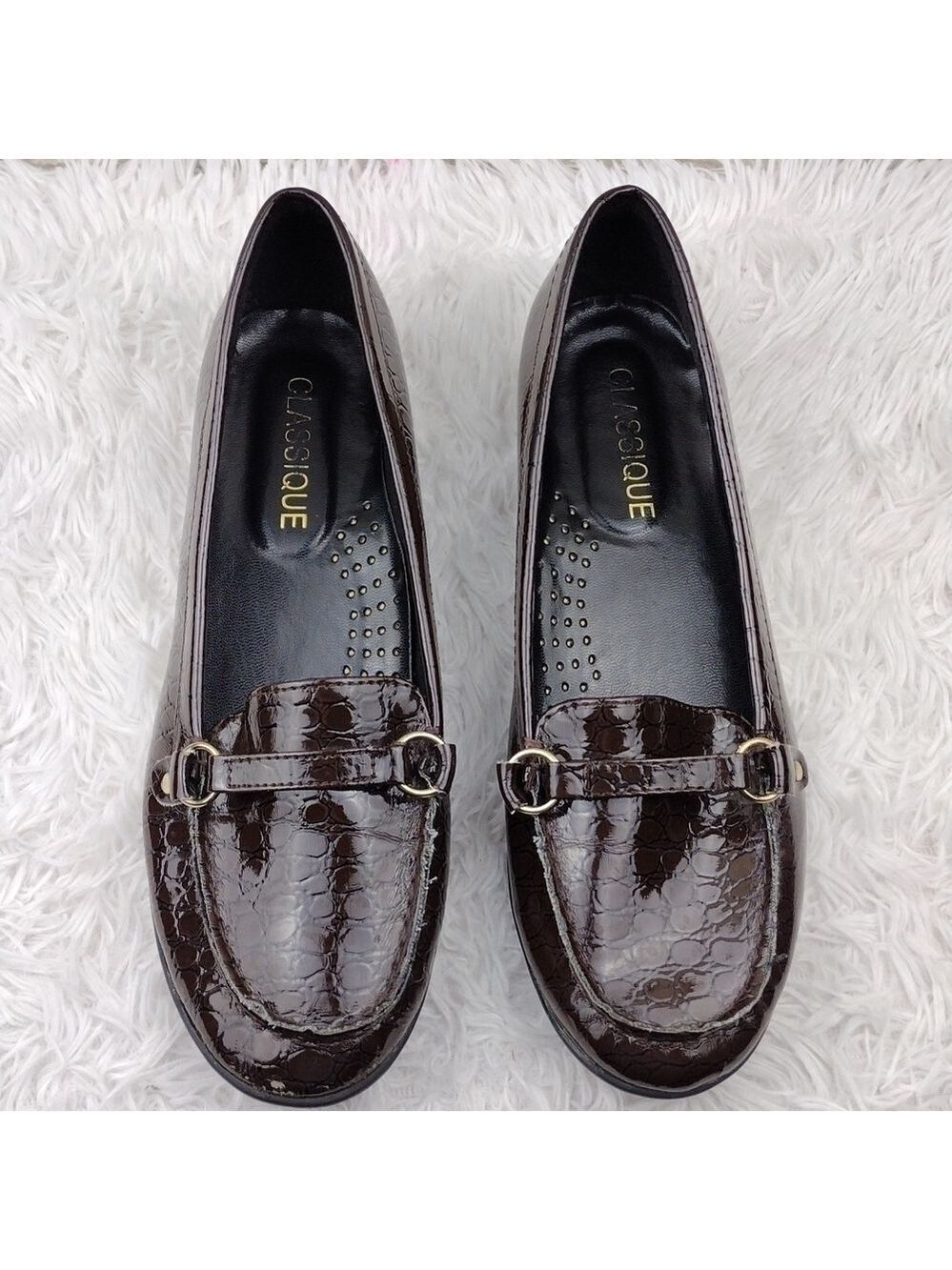 Classique Brown Lizard Detail Faux Patent Leather Upper Slip On Loafer Shoe